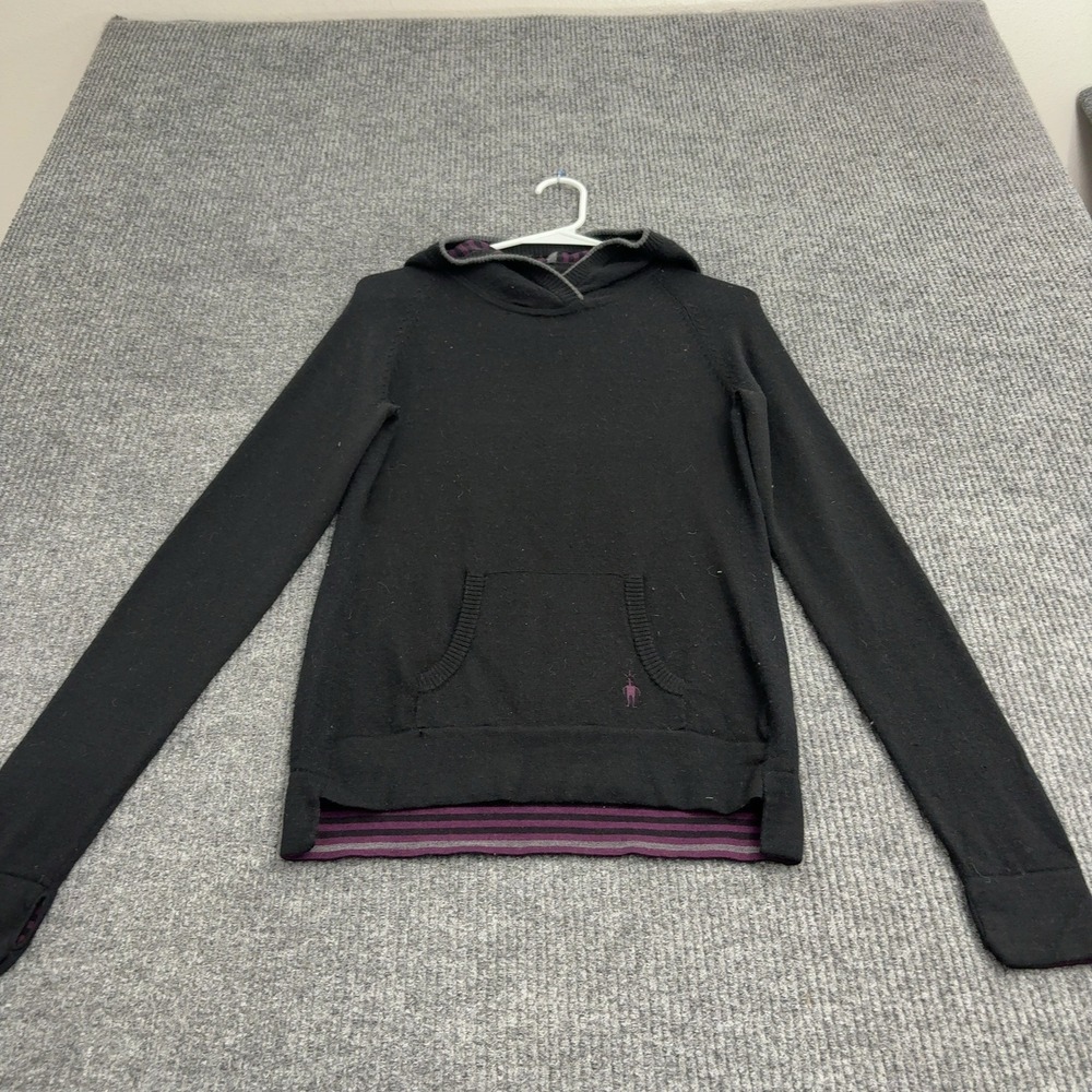 Smartwool Hoodie Womens S Black Merino Wool Striped Trim Hooded Gorpcore